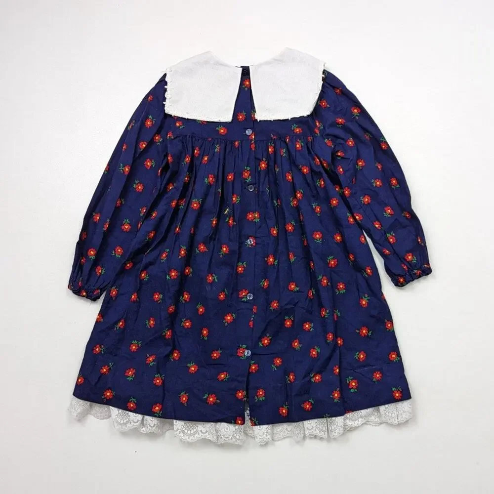Vintage Bryan Dress Girls Size 6 Navy Floral Bib Long Sleeve